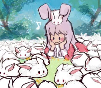 Rule 34 | 1girl, :3, animal ears, blush, closed mouth, commentary request, dress, forest, gobaku no hito, hands on own cheeks, hands on own face, high priest (ragnarok online), long hair, long sleeves, lowres, lunatic (ragnarok online), lying, nature, on stomach, purple hair, rabbit, rabbit ears, rabbit girl, ragnarok masters, ragnarok online, red dress, smile, solid circle eyes, solo, too many, too many rabbits, upper body