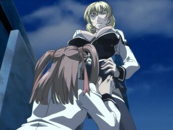 00s 1futa 1girl 2005 american animated animated_gif bible_black bible_black_new_testament blonde_hair blue_eyes breasts brown_hair clothes_lift futanari hair_ribbon jody_crowley large_breasts multiple_girls night nipples open_clothes ribbon school_uniform shin_bible_black shiny_skin short_hair skirt skirt_lift tagme talking tan thighhighs toudou_yuki twintails uncensored yuri