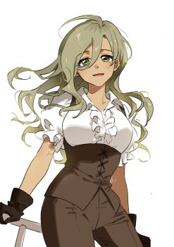 Rule 34 | 1girl, absurdres, alternate hair length, alternate hairstyle, black gloves, blush, brown pants, brown vest, commentary request, girls band cry, gloves, green eyes, green hair, habsida (habsida hpy), highres, korean commentary, long hair, looking at viewer, mole, mole under eye, pants, parted lips, rupa (girls band cry), shirt, simple background, smile, solo, vest, white background, white shirt