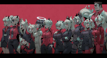 1boy 6+girls absurdres angry azazel_(helltaker) beelzebub_(helltaker) belt black_bar breasts cerberus_(helltaker) crossed_arms dark-skinned_female dark_skin formal_clothes glasses gloves halo hand_on_own_hip heart_(symbol) helltaker helltaker_(character) highres horns judgement_(helltaker) justice_(helltaker) large_breasts long_hair lucifer_(helltaker) malina_(helltaker) modeus_(helltaker) multiple_girls necktie noah_(tettsui-sole) pandemonica_(helltaker) pants ponytail red_background red_eyes short_hair skirt smile source_request suit sunglasses tagme tongue tongue_out white_hair zdrada_(helltaker)