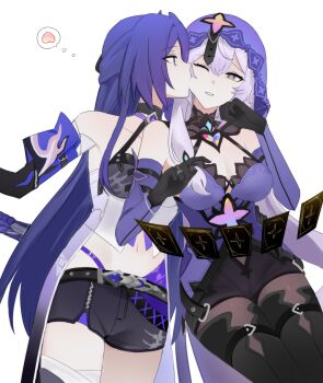 1yym 2girls acheron_(honkai:_star_rail) bandages biting black_swan_(honkai:_star_rail) breasts card cleavage commentary crop_top detached_sleeves dress gloves highres honkai:_star_rail honkai_(series) long_hair multiple_girls navel one_eye_closed pantyhose purple_eyes purple_hair shorts symbol-only_commentary tailcoat veil yellow_eyes yuri zipper