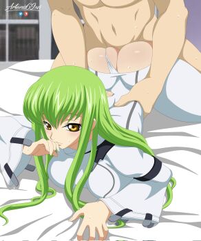 1boy 1girl artanis69 ass breasts c.c. code_geass green_hair hetero highres long_hair medium_breasts panties sex text_focus underwear yellow_eyes