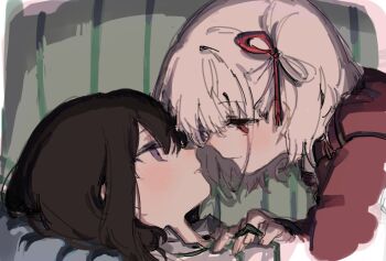 2girls black_hair blonde_hair blue_ribbon blush bob_cut close-up commentary_request dress hair_ribbon highres imminent_kiss inoue_takina kabnu2204 looking_at_another lycoris_recoil medium_hair multiple_girls nishikigi_chisato parted_lips purple_eyes red_dress red_eyes red_ribbon ribbon shirt smile vietnamese_commentary white_shirt yuri