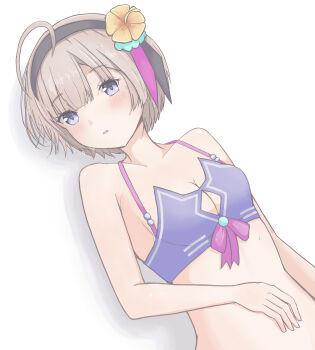 1girl ahoge bikini black_hairband black_ribbon blue_bikini blunt_bangs blush breasts cleavage cleavage_cutout clothing_cutout collarbone commentary dutch_angle english_commentary eyelashes eyes_visible_through_hair flower grey_hair hair_between_eyes hair_flower hair_ornament hair_ribbon hairband hand_on_own_stomach heaven_burns_red highres huge_ahoge kaki. looking_at_viewer lying medium_breasts minase_sumomo official_alternate_costume on_back open_mouth purple_eyes ribbon short_hair simple_background solo swimsuit upper_body wet white_background yellow_flower yellow_ribbon