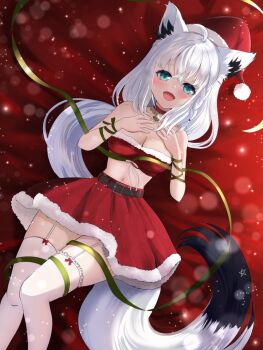 1girl ahoge animal_ear_fluff animal_ears bell belt blush braid breasts cleavage commentary_request earrings fox_ears fox_girl fox_tail fur-trimmed_skirt fur_trim garter_belt green_eyes hair_between_eyes hand_on_own_chest hat highres hololive jewelry long_hair looking_at_viewer lying maruchillust medium_breasts neck_bell on_back open_mouth pentagram red_skirt ribbon santa_hat shirakami_fubuki sidelocks single_braid skirt solo tail thighhighs virtual_youtuber white_hair white_thighhighs yellow_ribbon zettai_ryouiki