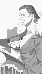 Rule 34 | 2boys, absurdres, annoyed, bara, beard, cheek press, cheekbones, crocodile (one piece), dracule mihawk, face between pectorals, face to pecs, facial hair, from side, full beard, greyscale, hair slicked back, height difference, highres, large pectorals, light frown, looking at viewer, male focus, mature male, monochrome, msvekla, multiple boys, muscular, muscular male, one piece, pectoral cleavage, pectorals, pencil mustache, profile, short hair, thick eyebrows, yaoi