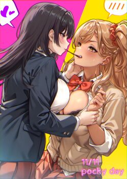 2girls absurdres black_bra black_hair black_jacket blazer blonde_hair bow bowtie bra bra_peek breast_press breasts brown_cardigan cardigan collared_shirt commentary_request eye_contact food galholic hair_ornament hair_scrunchie hand_on_another&#039;s_cheek hand_on_another&#039;s_face heart highres holding_another&#039;s_wrist jacket large_breasts long_hair long_sleeves looking_at_another momoka_(galholic) multiple_girls nanaho_(galholic) pink_background pleated_skirt pocky pocky_day pocky_kiss purple_eyes red_bow red_bowtie red_scrunchie red_skirt school_uniform scrunchie shared_food shashaki shirt skirt spoken_blush spoken_heart symmetrical_docking two-tone_background underwear white_background yellow_background yellow_eyes yuri