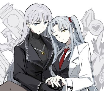 2girls angela_(project_moon) angelica_(project_moon) black_jacket black_sweater blue_archive coat collared_shirt e.g.o_(project_moon) harmony_(e.g.o) highres jacket lab_coat lapels library_of_ruina long_hair multiple_girls necktie notched_lapels one_eye_closed one_side_up penitence_(e.g.o) project_moon rai_(r2718281) red_necktie ribbed_sweater shirt sidelocks simple_background sound_of_a_star_(e.g.o) sweater turtleneck turtleneck_sweater twilight_(e.g.o) very_long_hair white_background white_coat white_hair white_shirt yellow_eyes