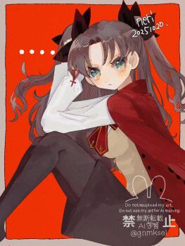 ... 1girl black_pantyhose black_skirt border breasts brown_hair closed_mouth commentary_request curtained_hair dated fate/stay_night fate_(series) grey_border han_(hn-khk) highres jacket looking_at_viewer medium_breasts outside_border pantyhose red_jacket sitting skirt solo tohsaka_rin twintails watermark