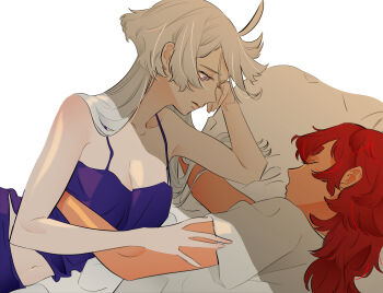 2girls absurdres bare_arms blue_camisole breasts camisole cleavage closed_eyes closed_mouth gundam gundam_suisei_no_majo hand_on_another&#039;s_arm highres looking_at_another miorine_rembran multiple_girls navel on_bed pink_eyes red_hair shirt simple_background sleeping small_breasts snapagi suletta_mercury thick_eyebrows white_background white_hair white_shirt yuri