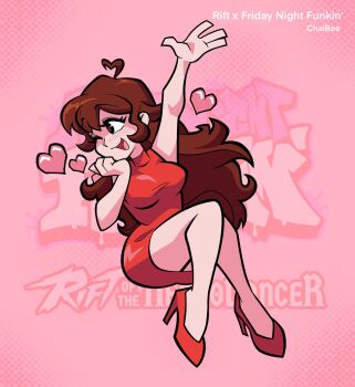 Rule 34 | 1girl, ;d, ahoge, arm up, blush, breasts, brown hair, chaibee, commentary, copyright name, crossed legs, crossover, crypt of the necrodancer, dress, english commentary, friday night funkin', full body, girlfriend (friday night funkin'), heart, high heels, highres, impossible clothes, impossible dress, invisible chair, knees together feet apart, long hair, medium breasts, official art, one eye closed, open mouth, pencil dress, red dress, rift of the necrodancer, sitting, sleeveless, smile, solo, tight clothes, tight dress, white background