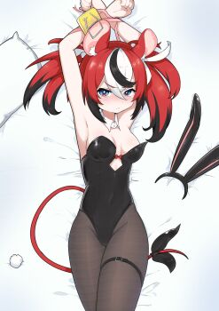 1girl absurdres alternate_costume animal_ear_hairband animal_ears arms_up bed_sheet belt black_belt black_bow black_hair black_leotard black_pantyhose blue_eyes blush bound bound_wrists bow breasts bright_pupils closed_mouth commentary crossed_wrists detached_collar english_commentary fake_animal_ears fake_tail from_above hair_between_eyes hairband hakos_baelz highleg highleg_leotard highres hololive hololive_english leotard looking_at_viewer lying medium_breasts mouse_ears mouse_girl mouse_tail mousetrap multicolored_hair on_back pantyhose pillow pink_ribbon playboy_bunny rabbit_ear_hairband rabbit_ears rabbit_tail red_hair ribbon snowmya solo strapless strapless_leotard streaked_hair tail tail_bow tail_ornament thigh_belt thigh_strap twintails virtual_youtuber white_hair white_pupils white_wrist_cuffs wrist_cuffs