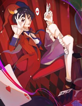 1boy :p absurdres ace_(playing_card) ace_of_hearts alternate_costume balloon black_hair black_shoes blue_hat blunt_ends bow bowtie box card coat curtains diamond_(shape) diamond_facial_mark dress_shirt facial_mark feathers frilled_shirt_collar frilled_shoes frilled_shorts frilled_sleeves frills full_body genshin_impact glint gloves hair_ornament hands_up hat hat_feather heart highres hoyofair jack-in-the-box jester jester_cap lapels layered_sleeves long_sleeves looking_at_viewer male_focus multicolored_hair nee_madiiiii ok_sign ok_sign_over_eye open_clothes open_coat pantyhose playing_card pom_pom_(clothes) pom_pom_hair_ornament purple_bow purple_bowtie purple_eyes purple_hair purple_shorts red_coat red_hat red_sleeves scaramouche_(genshin_impact) shirt shoes shorts sitting solo spoken_heart streaked_hair tongue tongue_out tsurime twitter_username two-tone_hat undershirt wanderer_(genshin_impact) white_gloves white_pantyhose white_shirt white_sleeves wispy_bangs yellow_feathers