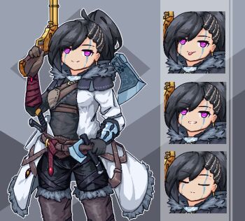 1girl animated animated_gif aseprite_(medium) asymmetrical_gloves asymmetrical_hair axe belt black_gloves black_hair black_pants boots bracer brown_belt brown_boots brown_gloves chest_protector closed_eyes closed_mouth coat commentary cowboy_shot dagger earrings english_commentary eyebrow_cut facepaint facing_viewer fur-trimmed_boots fur-trimmed_coat fur_trim gloves grey_background grey_shirt grin gun hand_on_belt handgun holding holding_gun holding_weapon jewelry knife looking_at_viewer lynte medium_hair mismatched_gloves multiple_views one_eye_closed original pants pink_eyes pixel_art ponytail portrait sheath shirt sidecut smile thigh_boots tongue tongue_out undercut weapon weapon_on_back white_coat