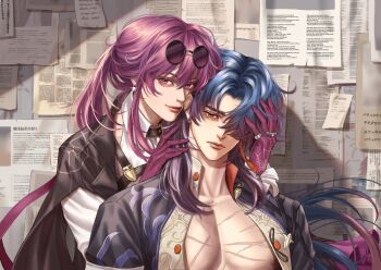 1boy 1girl alientomoe black_jacket blade_(honkai:_star_rail) eyewear_on_head gloves gradient_hair hair_over_one_eye hand_on_another&#039;s_head honkai:_star_rail honkai_(series) jacket kafka_(honkai:_star_rail) long_hair looking_at_viewer multicolored_hair nipples one_eye_covered open_clothes open_jacket paper pectorals purple_eyes purple_gloves purple_hair red_eyes round_eyewear scar scar_on_chest shade shadow shirt smile sunglasses upper_body white_shirt