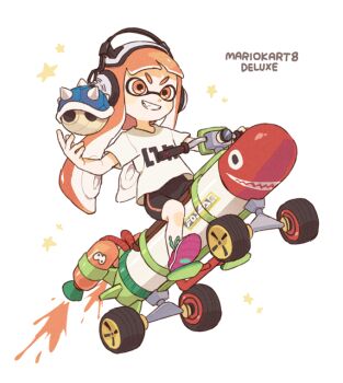 Rule 34 | 1girl, bad id, bad twitter id, bike shorts, black shorts, blunt bangs, copyright name, driving, female focus, full body, gomi (kaiwaresan44), grin, headphones, holding, inkling, inkling (language), inkling girl, inkling player character, inkstrike (splatoon), jet engine, long hair, mario (series), mario kart, mario kart 64, mario kart 8, motor vehicle, nintendo, orange eyes, orange hair, pointy ears, print shirt, purple shoes, riding, shirt, shoes, short sleeves, shorts, single vertical stripe, sitting, smile, sneakers, solo, spiked shell, spikes, splatoon (series), star (symbol), t-shirt, tentacle hair, white shirt
