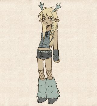 1girl absurdres aged_down animal_ears antlers bare_shoulders blonde_hair blue_arm_warmers blue_bow blue_eyes blue_leg_warmers blue_shirt blue_shorts blue_streaks bow breasts carol_holiday commentary deer_ears deltarune denim denim_shorts english_commentary fishnet_socks fishnets full_body furry furry_female highres hooves horns leg_warmers long_hair multicolored_hair reindeer_antlers reindeer_girl shirt shorts small_breasts socks solo streaked_hair szivarvanyturmix02 two-tone_hair utdr_(toby_fox)