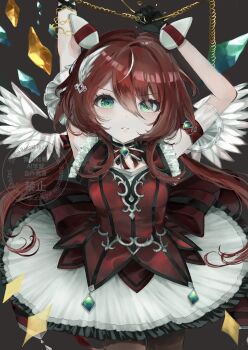 Rule 34 | 1girl, absurdres, animal ears, arms up, black gloves, black pantyhose, blush, breasts, commentary request, dress, ear covers, ear ornament, feather hair ornament, feathers, gloves, green eyes, hair between eyes, hair ornament, highres, horse ears, horse girl, long hair, looking at viewer, low twintails, pantyhose, parted lips, re tie, red dress, red hair, sleeveless, small breasts, solo, tracen training uniform, twintails, umamusume, white wings, win variation (dramatic tutu) (umamusume), win variation (umamusume), wings