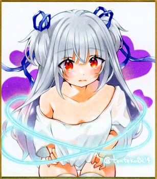 1girl absurdres blue_ribbon blush closed_mouth commentary cowboy_shot embarrassed from_above grey_hair hair_ribbon heart highres long_hair looking_at_viewer looking_up marker_(medium) no_pants off-shoulder_shirt off_shoulder original photo_(medium) red_eyes ribbon shikishi shirt solo tentekomai_(tenteko0214) thighhighs traditional_media twitter_username two_side_up white_shirt wispy_bangs