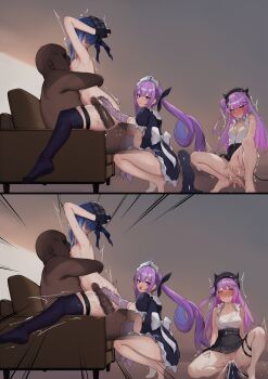 1boy 2koma 3girls absurdres anal anal_fisting anchor_print armchair armpits arms_behind_head ass bisexual_female black_dress black_gloves black_headwear black_ribbon black_skirt black_thighhighs blue_hair blush braid breast_sucking breasts breasts_out chair clenched_teeth collared_shirt colored_inner_hair comic dark-skinned_male dark_skin demon_girl demon_tail dildo dress drill_hair faceless faceless_male fake_horns female_ejaculation female_ejaculation female_masturbation fisting french_braid from_side gloves green_eyes grey_headwear hair_bun hair_ornament hair_ribbon hairclip hat hetero highres hololive horned_headwear horns hoshimachi_suisei hoshimachi_suisei_(1st_costume) huge_dildo interracial long_hair maid_headdress masturbation medium_breasts minato_aqua minato_aqua_(1st_costume) multicolored_hair multiple_girls nipples nude object_insertion open_mouth partially_fingerless_gloves plaid_clothes plaid_hat pleated_skirt purple_eyes ramuda_(guilty931) ribbon sex sex_toy shirt short_sleeves side_ponytail simple_background single_hair_bun skirt sleeveless sleeveless_shirt small_breasts speech_bubble squatting star_(symbol) star_in_eye straddling streaked_hair sweat symbol_in_eye tail teeth textless_version thigh_strap thighhighs tokoyami_towa tokoyami_towa_(jirai_kei) trembling twin_drills twintails two-tone_hair upright_straddle vaginal vaginal_object_insertion virtual_youtuber white_shirt