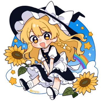 Rule 34 | 1girl, apron, artist name, black hat, black shoes, black skirt, black vest, blonde hair, bow, braid, chinese commentary, commentary request, fafa, flower, frilled skirt, frills, full body, hair bow, hat, hat bow, highres, kirisame marisa, long hair, open mouth, rainbow, shoes, side braid, single braid, skirt, smile, socks, solo, star (symbol), sunflower, touhou, very long hair, vest, waist apron, white apron, white bow, white socks, witch hat, yellow eyes, yellow flower