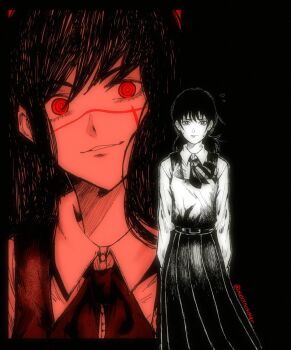 Rule 34 | 2girls, @ @, alexxnohitter, belt, black background, black hair, chainsaw man, closed mouth, collared shirt, commentary, cowboy shot, crazy smile, dark persona, dress, dual persona, english commentary, facial scar, highres, limited palette, long dress, long sleeves, looking at viewer, mitaka asa, multiple girls, necktie, nervous, pinafore dress, portrait, projected inset, red eyes, red theme, scar, scar on cheek, scar on face, shirt, short twintails, sidelocks, signature, simple background, sleeveless, sleeveless dress, smile, sweat, swept bangs, twintails, yoru (chainsaw man)