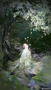 1girl bow brown_eyes brown_hair bug butterfly cherry_blossoms chinese_commentary commentary_request expressionless full_body gradient_sleeves grass green_sleeves hair_spread_out highres holding holding_string insect japanese_clothes kimono kite kneeling lake lipstick long_hair long_sleeves looking_up makeup night noose original outdoors petals piaoyou_yueliang purple_butterfly red_lips solo string string_around_neck tree very_long_hair waist_bow watermark weibo_watermark weibo_watermark white_bow white_butterfly white_kimono white_sleeves wide_sleeves