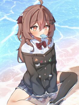 Rule 34 | 1girl, absurdres, ahoge, arm support, badge, black cardigan, black skirt, black thighhighs, bow, bowtie, broken heart, brown hair, button badge, cardigan, collared shirt, commentary, day, dress shirt, evil neuro-sama, food, food in mouth, from above, from side, hair between eyes, hair ribbon, heart, highres, jahe png, long hair, long sleeves, miniskirt, neuro-sama, off-shoulder cardigan, outdoors, pleated skirt, popsicle, popsicle in mouth, red bow, red bowtie, red eyes, red ribbon, ribbon, shirt, single thighhigh, skirt, solo, thighhighs, torn bowtie, two side up, untranslatable commentary, vedal ai, virtual youtuber, wading, water, white shirt