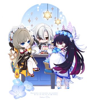 3girls absurdres arlecchino_(genshin_impact) bar_stool basket black_dress black_eyes black_hair blue_eyes blue_flower brown_hair chibi closed_eyes columbina_(genshin_impact) commentary_request cookie counter crossed_legs cup desert detached_sleeves dress eye_mask flower food genshin_impact grey_hair hair_between_eyes hand_on_own_chin head_wings head_wreath headdress highres holding holding_flower hoshiusagi_no_chloe kettle long_hair looking_at_another mask multicolored_hair multiple_girls purple_hair ribbon sandrone_(genshin_impact) short_hair_with_long_locks sitting smile stool symbol-shaped_pupils teacup thighhighs white_background white_dress white_ribbon white_thighhighs winding_key wings x-shaped_pupils