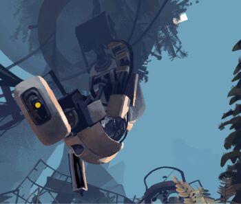 alicezakat blue_sky cable clear_sky commentary english_commentary from_below glados highres leaf outdoors portal portal_(series) portal_2 robot rubble scene_reference sky solo tree