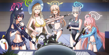 1boy 5girls :d ;3 ;d @_@ ^_^ ahoge aiming android_(blue_archive) assault_rifle beretta_1301 beretta_ar70/90 bikini black_hair black_one-piece_swimsuit blue_archive blue_eyes blue_jacket blurry bow breasts brown_hair bullpup cleavage closed_eyes commentary_request competition_school_swimsuit depth_of_field extra_ears frilled_bikini frills gatling_gun grey_hair gun hair_between_eyes hair_bobbles hair_bow hair_ornament hair_ribbon halo hat hifumi_(blue_archive) hifumi_(swimsuit)_(blue_archive) highres holding holding_gun holding_weapon hoshino_(blue_archive) hoshino_(swimsuit)_(blue_archive) indoors jacket jetihyeon l85 large_breasts long_hair looking_at_viewer m134_minigun medium_hair multiple_girls navel nonomi_(blue_archive) nonomi_(swimsuit)_(blue_archive) numbered official_alternate_costume one-piece_swimsuit one_eye_closed open_clothes open_jacket open_mouth peroro_(blue_archive) pink_hair red_eyes ribbon rifle robbery school_swimsuit serika_(blue_archive) serika_(swimsuit)_(blue_archive) shiroko_(blue_archive) shiroko_(swimsuit)_(blue_archive) side-tie_bikini_bottom sidelocks sig_sauer_556 sleeveless smile stomach sun_hat swimsuit trigger_discipline two-tone_swimsuit weapon white_bikini yellow_bikini yellow_eyes