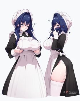1girl absurdres apron black_dress breast_lift dress highres long_dress maid motion_lines namiorii ouro_kronii patreon_logo purple_hair solo virtual_youtuber white_apron