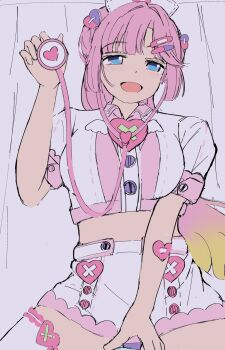 1girl :d anyoji_hime bandaid bandaid_hair_ornament blonde_hair blue_eyes blunt_sidelocks breasts collared_shirt commentary cowboy_shot cropped_shirt gradient_hair hair_ornament hat heart heart_hair_ornament highres holding holding_stethoscope kaudon large_breasts link!_like!_love_live! looking_at_viewer love_live! midriff miniskirt multicolored_hair nurse_cap official_alternate_costume open_mouth pill_hair_ornament pink_hair pink_shirt shirt short_sleeves sidelocks skirt smile solo stethoscope straddling thighhighs virtual_youtuber vital_sign_(love_live!) white_hat white_skirt white_thighhighs