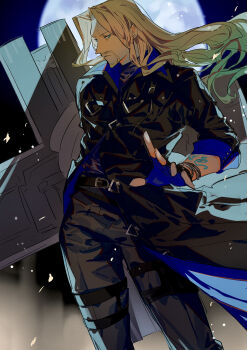 1boy absurdres beard black_jacket black_pants blonde_hair blue_gloves commentary_request connected_beard facial_hair fate/grand_order fate_(series) fingerless_gloves full_moon gloves highres jacket long_hair long_sleeves male_focus moon nasubi_illust pants solo standing very_long_hair vlad_iii_(ever_dark)_(fate) vlad_iii_(fate/apocrypha)