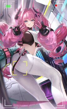 Rule 34 | arknights, arknights: endfield, blue eyes, commentary request, crop top, double v, dragon girl, dragon horns, dragon tail, drill hair, gloves, hair intakes, highres, horns, indoors, long hair, multicolored hair, navel, otabaaa, pants, pink gloves, pink hair, streaked hair, tail, tight clothes, tight pants, twin drills, twintails, v, white pants, yvonne (arknights)