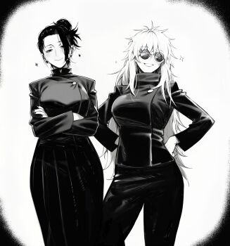 2girls absurdres black_eyes black_hair black_jacket black_pants black_skirt blue_eyes commentary cowboy_shot crossed_arms ear_piercing genderswap genderswap_(mtf) geto_suguru gojo_satoru hair_bun hair_over_one_eye hands_on_own_hips happy highres jacket jujutsu_kaisen jujutsu_tech_uniform long_hair long_skirt looking_at_viewer masoq monochrome multiple_girls pants partially_colored piercing round_eyewear short_hair simple_background single_hair_bun skirt smile solid_eyes sparkle sunglasses teeth untranslatable_commentary white_background white_hair