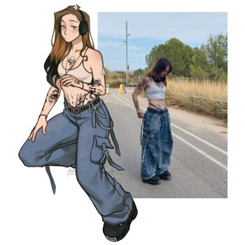 1girl :/ arm_tattoo art_vs_artist baggy_pants belt black_belt black_hair black_shoes body_freckles breasts brown_hair camisole chest_tattoo commentary_request crop_top denim eyebrow_cut freckles gluca hand_tattoo headphones highleg highleg_panties highres infusion_set jeans jewelry midriff mole mole_under_eye mole_under_mouth multicolored_hair navel necklace panties pants photo_inset real_life self-portrait shoes small_breasts solo spanish_commentary stomach_tattoo tattoo two-tone_hair underwear white_camisole wristband