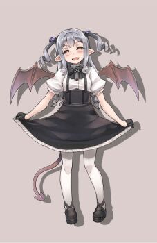 Rule 34 | 1girl, black bow, black gloves, black shoes, black skirt, bow, commentary request, demon girl, demon tail, demon wings, drill hair, full body, gloves, grey background, grey hair, hair ornament, itou ryuusei, looking at viewer, open mouth, original, pentagram, shirt, shoes, simple background, skirt, skirt hold, smile, solo, suspender skirt, suspenders, tail, two side up, white shirt, wings, yellow eyes
