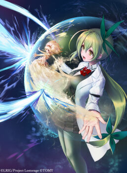2girls ahoge black_pantyhose black_shirt black_skirt bow character_request coat copyright_notice dqn_(dqnww) earth_(planet) green_bow green_hair hair_bow lab_coat long_hair looking_at_viewer multiple_girls official_art open_mouth pantyhose planet ponytail shirt skirt smile solo space very_long_hair white_coat wixoss yellow_eyes