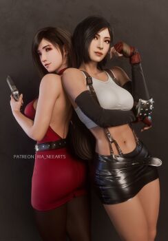 2girls 3d ada_wong ada_wong_(cosplay) asian back back-to-back backless_dress backless_outfit bare_back belt black_hair breasts brown_eyes brown_hair commentary cosplay costume_switch cowboy_shot crop_top crossover detached_sleeves dress earrings elbow_pads english_commentary final_fantasy final_fantasy_vii final_fantasy_vii_rebirth final_fantasy_vii_remake fingerless_gloves gloves gun highres holding holding_gun holding_weapon jewelry large_breasts long_hair looking_at_viewer looking_back midriff miniskirt multiple_girls narrow_waist navel pantyhose patreon_username pink_lips red_dress red_eyes red_gloves resident_evil resident_evil_2 resident_evil_2_(remake) ria_(baka-neearts) short_dress short_hair single_elbow_pad skirt standing suspender_skirt suspenders tank_top tifa_lockhart tifa_lockhart_(cosplay) weapon white_tank_top
