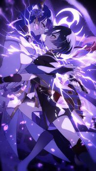 1boy 1girl alternate_costume black_hair blunt_bangs braid bridal_gauntlets commentary_request couple cracked_skin electricity electro_symbol_(genshin_impact) face-to-face fan_hair_ornament floating floating_hair flower flower_ornament from_side genshin_impact glint glowing glowing_eyes glowing_hair gradient_hair hair_floating_upwards hair_flowing_over hair_ornament hetero highres incest incoming_hug japanese_clothes kimono light_blush light_particles lingerie long_braid long_sleeves looking_at_another looking_down looking_up mitsudomoe_(shape) mole mole_under_eye mother_and_son multicolored_eyes multicolored_hair neck_ribbon open_mouth parted_lips powering_up purple_background purple_eyes purple_flower purple_hair purple_kimono purple_thighhighs raiden_shogun red_ribbon red_sash ribbon sash scaramouche_(genshin_impact) shade short_hair short_sleeves shorts single_braid streaked_hair suesuzue thighhighs thighs tomoe_(symbol) underwear wide-eyed wide_sleeves wind