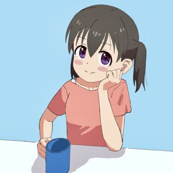 1girl atm_hnt black_hair blue_background blush_stickers closed_mouth collarbone cup dot_nose female_focus hair_between_eyes hand_on_own_face holding holding_cup kuraue_hinata looking_at_viewer purple_eyes simple_background smile solo yama_no_susume