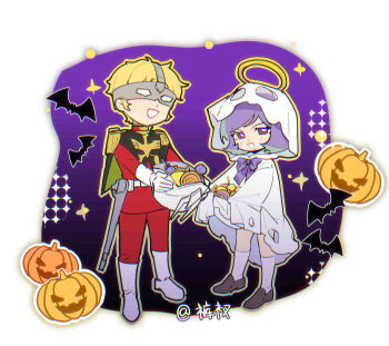 2boys :d artist_name bat_(animal) belt blonde_hair blush boots bow bowtie candy cape char_aznable chromatic_aberration cloak commentary epaulettes film_grain food full_body garma_zabi ghost_costume gloves gundam halloween halloween_costume halo helmet high_collar highres holding holding_unworn_helmet hood hood_up hooded_cloak jack-o&#039;-lantern jacket kucha_(ynn6c) lollipop long_sleeves looking_at_viewer male_focus mask military_uniform mobile_suit_gundam multiple_boys open_mouth pants pumpkin purple_bow purple_eyes purple_hair red_jacket red_pants short_hair sleeves_past_fingers sleeves_past_wrists smile socks sparkle standing swirl_lollipop symbol-only_commentary torn_cloak torn_clothes torn_sleeves unworn_headwear unworn_helmet white_belt white_boots white_cloak white_gloves white_socks