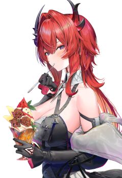Rule 34 | 1girl, arknights, arknights: endfield, black dress, black gloves, black horns, breasts, cleavage, commentary request, demon girl, demon horns, dress, food, gloves, highres, holding, holding food, holding ice cream, horns, ice cream, laevatain (arknights), large breasts, long hair, looking at viewer, partial commentary, pi (p77777778), purple eyes, red hair, simple background, solo, surtr (arknights), utensil in mouth, very long hair, white background