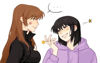 ... 2girls above-cleavage_cutout absurdres anger_vein black_bodysuit black_eyes black_hair black_jacket bob_cut bodysuit brown_eyes brown_hair candy clothing_cutout dokjasepilogue food grin hair_over_shoulder han_sooyoung head_tilt highres holding holding_candy holding_food holding_lollipop hood hood_down hoodie jacket lollipop looking_at_another mole mole_under_eye multiple_girls omniscient_reader&#039;s_viewpoint open_clothes open_jacket purple_hoodie short_hair sidelocks smile spoken_ellipsis upper_body yoo_sangah yuri