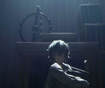 1boy 23i2ko cage chain clenched_hand facing_viewer gears grey_hair hair_over_eyes holding limited_palette little_nightmares_ii male_focus messy_hair oversized_clothes oversized_shirt runaway_kid_(little_nightmares) shirt short_hair solo spoon upper_body white_shirt