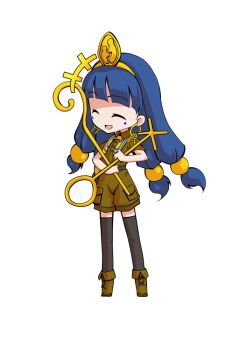 Rule 34 | 1girl, alphes (style), black thighhighs, blue hair, blunt bangs, boots, brown boots, brown shirt, brown shorts, chibi, chibi only, closed eyes, collared shirt, commentary request, dairi, earrings, facial mark, fold-over boots, full body, hair bobbles, hair ornament, holding, holding staff, jewelry, key earrings, large variant set, laughing, long hair, michigami nareko, parody, parted lips, shirt, short sleeves, shorts, simple background, smile, solo, sphere hair ornament, staff, standing, style parody, tachi-e, thighhighs, touhou, transparent background, triangle, triangle facial mark, variant set