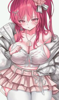 1girl absurdres blush bow breasts cleavage commentary cowboy_shot facial_mark flower goddess_of_victory:_nikke hair_between_eyes hair_bow hair_flower hair_ornament hair_over_shoulder hair_ribbon hampo1219 highres jewelry large_breasts long_hair looking_to_the_side miniskirt off_shoulder official_alternate_costume parted_lips pendant pink_flower pink_skirt pleated_skirt rapi_(nikke) rapi_(red_hood)_(nikke) rapi_(red_hood)_(shining_light)_(nikke) red_eyes red_hair ribbon simple_background skirt solo standing thighhighs white_background white_thighhighs