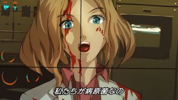 1girl blood blood_on_clothes blood_on_face blue_eyes brown_hair byneet engi_(animation_studio) gamera_(series) gamera_-rebirth- godzilla:_king_of_the_monsters godzilla_(series) japanese_text kadokawa lab_coat looking_at_viewer melchiorri_emiko monitor monsterverse open_mouth pov scientist teeth tongue translation_request