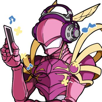 Rule 34 | armor, cellphone, dclaret, digimon, digimon (creature), headphones, helmet, holding, holding phone, lordknightmon, phone, pink armor, pink helmet, ribbon, simple background, smartphone, solo, transparent background, upper body, yellow ribbon